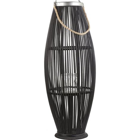 Linterna de bambú madera negra y vidrio 84 cm interior exterior tejido candelero escandinavo boho Tahiti