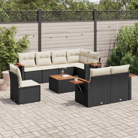 9-tlg. Garten-Sofagarnitur mit Kissen Schwarz Poly Rattan (1/5)