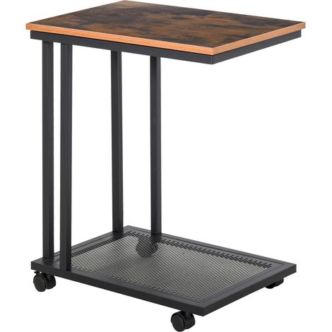 Beistelltisch C-Form Rollbar Rollwagen, Servierwagen, Nebentisch, Holz + Metall, Schwarz + Walnuss, 51X36X65 Cm