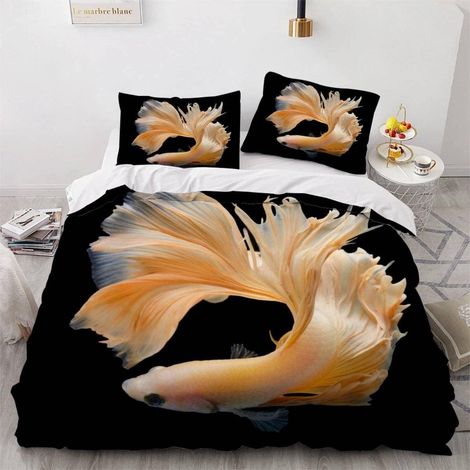Housse de Couette 140x200 Enfant Poisson Parure de Lit 1 Personne Microfibre Housse de Couette Animaux Marins Poissons Rouges 3D Imprimé Literie Set 3 Pièces avec Fermeture Éclair - 140x200+2x50x75 (1/5)