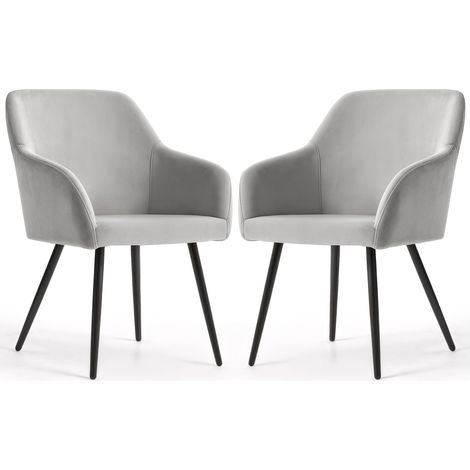 Lot de 2 Chaises en velours lisses ESTELLE Gris pieds noirs (1/5)