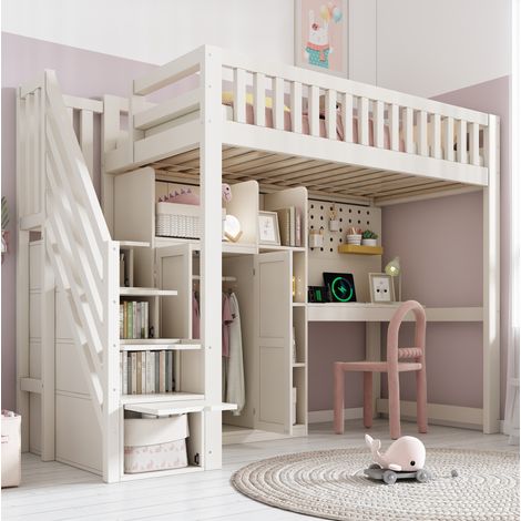 Letto rialzato bambini 90x200 cm con scrivania, armadio, ripiani aperti, porte USB/USB-C e rete a doghe, bianco, materasso non incluso (1/5)