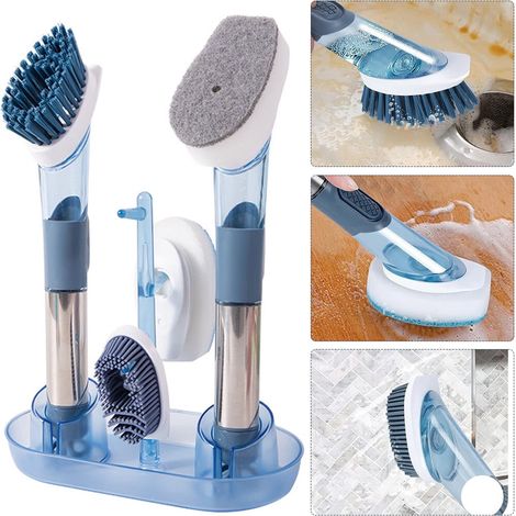 Brosse à vaisselle Sarzi avec réservoir à savon, lot de 2 brosses de cuisine à manche inox, 4 têtes de rechange et support mural, pour nettoyer casseroles, poêles et évier (bleu) (1/4)