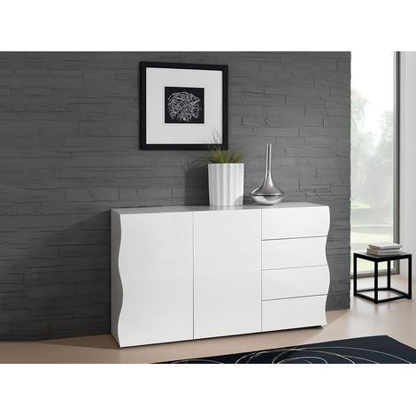 Dmora Aparador ondulado, Aparador de diseño con 2 puertas y 4 cajones, Made in Italy, Mueble para TV, Buffet de salón, 124x40h81 cm, color blanco brillante, con embalaje reforzado (1/4)