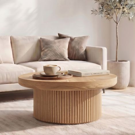 Table basse ronde cannelée de 78 cm avec plateau en parquet de bois véritable et piètement cylindrique, plateau épais, style moderne du milieu du siècle, idéale pour le salon et les petits espaces, en (1/5)