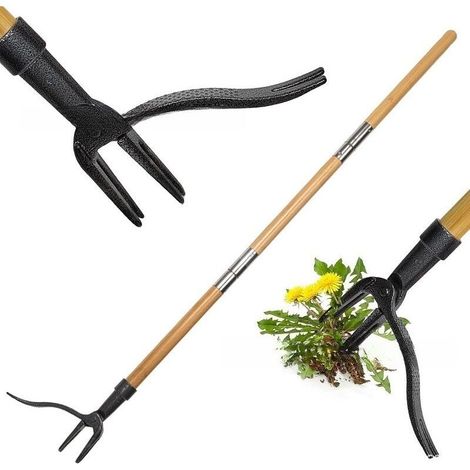 Désherbeur, manche de 1,1 m de long, outil d'élimination des pissenlits, manche en bambou naturel et 4 griffes, désherbeur de jardin debout, adapté aux animaux (1/5)