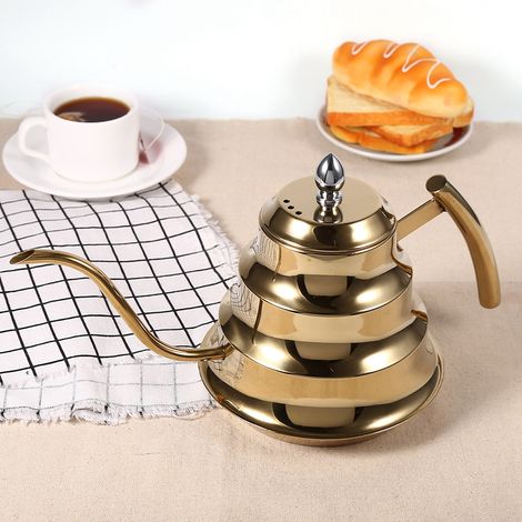 Kaffeekessel mit Bambusgelenkdesign, Edelstahl, Schwanenhals, Filterkaffeemaschine, Infusionsbereiter (Gold) (1/5)