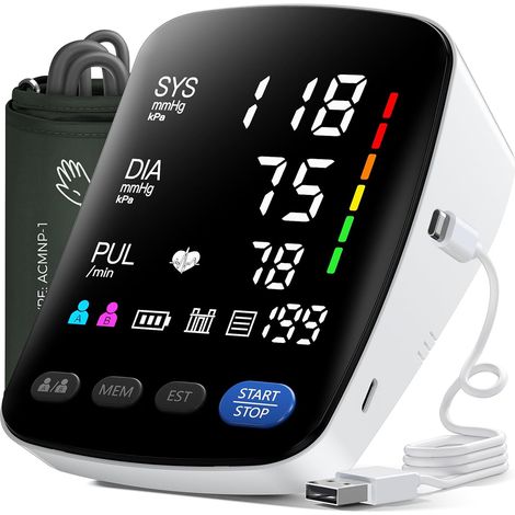 Tensiometre Bras avec écran LED HD pour la Circonférence du bras 22-42 cm, peut Contenir 2 x 199 Utilisateurs, Câble de Charge de Batterie AA/Type-C (1/5)