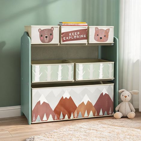 Rangement Enfant 6 Bacs Tissu Extraïbles Bois et Acier verde (1/5)