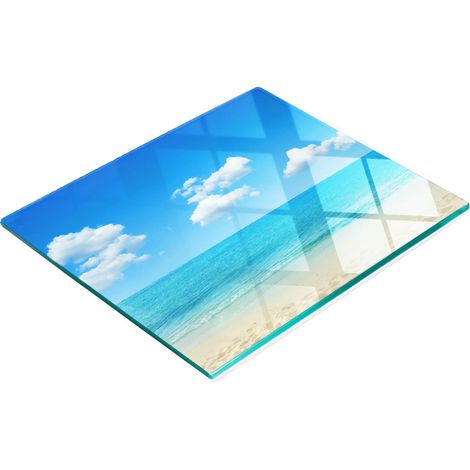 Tablero de vidrio decorativo multifuncional para cocina, dise帽o Playa Para铆so, 60x52 cm.