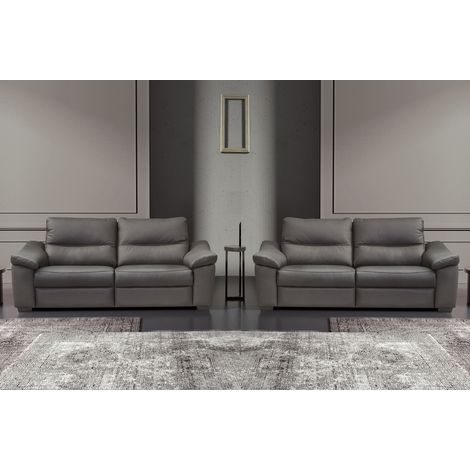 Ensemble de 2 canapés 3 places en 100% tout cuir épais italien vachette HAMBOURG, couleur anthracite (1/5)