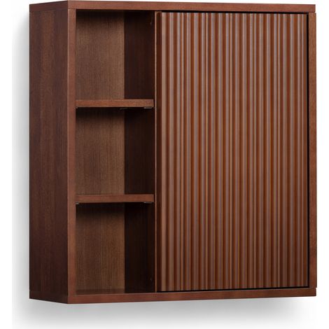 Teamson Home Tremolo Bathroom Wall Cabinet with Open Shelving, Fluted Door and Hidden Storage, Contemporary Wooden Bathroom Furniture, Walnut Finish (1/5)