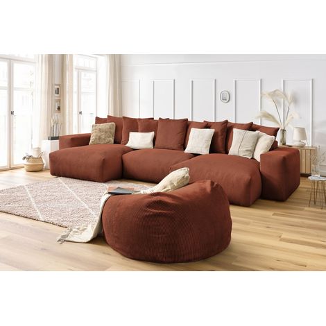 BOBOCHIC - Canapé panoramique fixe VOLTAIRE velours côtelé avec pouf Panoramique Orange (1/5)