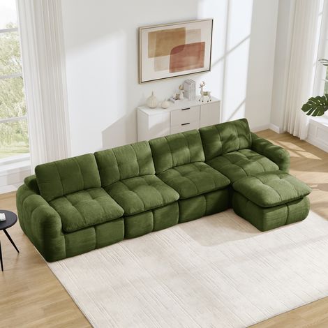 Canapé d'angle modulable 4 places sans structure, motif matelassé en losanges, revêtement en chenille, assises larges et profondes, repositionnable à volonté, livré sans montage avec 1 pouf, idéal pou (1/5)