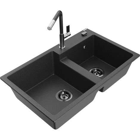 Mexen Tomas 2-Becken-Granitspüle mit Mischbatterie Flora, Schwarz gesprenkelt - 6516-76-670401-08-B