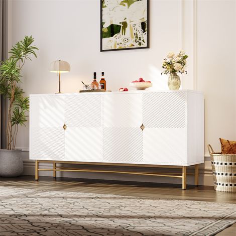Buffet Sideboard à Textures Relief - 160x40x82 cm - Commode L 4 Portes avec Soft-Close et Pieds Or Haute Brillance - Blanc (1/5)
