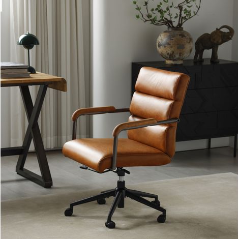 Silla de oficina de cuero, altura ajustable, ruedas silenciosas, marrón HAVRYA (1/5)