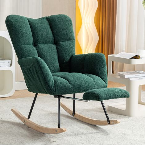 Sillón mecedora de tejido teddy verde 80x98x98,5 cm con reposapiés extensible (1/5)