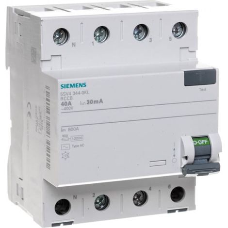 Disyuntor diferencial 4P 40A 003A tipo AC polo izquierdo 30 mA 400 V SENTRON 5SV43440KL