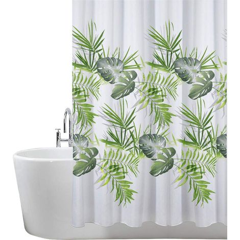 ANSIO Tenda da doccia resistente alla muffa e alla muffa, 180 x 180 cm, tessuto idrorepellente, 100% poliestere, motivo foglie, verde palma