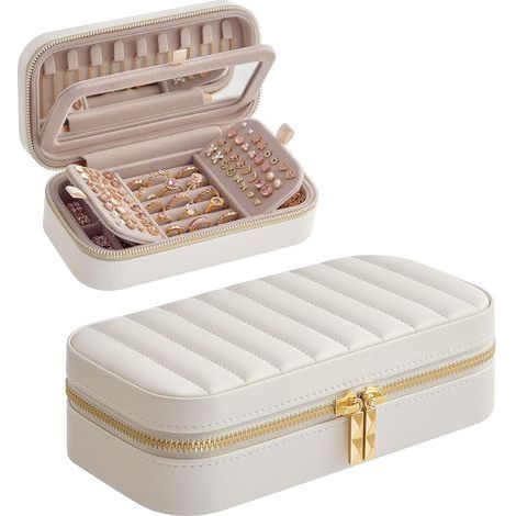 Boîte à Bijoux de Voyage, Cadeau Noel, Petit Coffre à Accessoire avec Miroir, 10,5 x 20,5 x 6 cm, Surface PU avec Coutures, Portable, Zip, Cadeau (1/5)