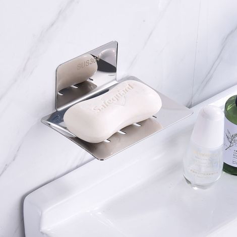 Porte-savon mural adhésif pour douche, étagère à savon en métal sans perçage pour salle de bain, porte-éponge de cuisine argenté (1/3)