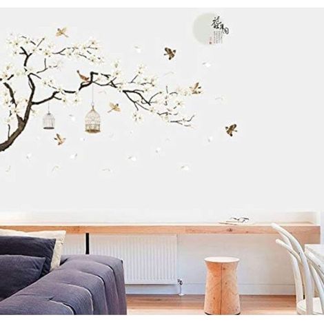Wandtattoo mit Kirschblüten und Vögeln – Wasserfeste, selbstklebende Vinylfolie – Maße: 187 x 128 cm – Vintage-Schlafzimmerdekoration – GRÖSSE 187 x (1/5)