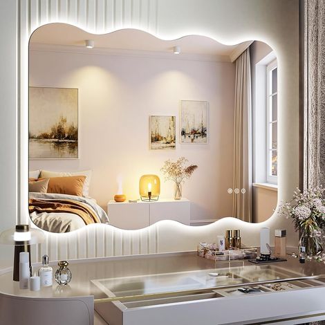 Hasipu Badspiegel mit Beleuchtung 101x81 cm, LED Badezimmerspiegel Wellenform Wandspiegel, Beschlagfrei Bad Spiegel mit Touch-Schalter, 3 Lichtfarben Dimmbar