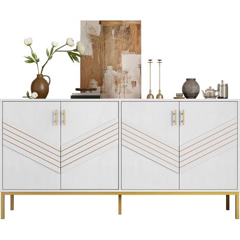Aparador con 4 Puertas y 2 Baldas Regulables, Diseño Geométrico Moderno, en MDF, 160×40×80,5 cm, Blanco (1/5)