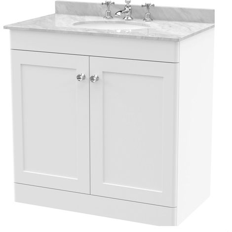 Swynnerton Traditional 2 Door Floor Standing Vanity Unit with Marble Basin, Satin White, 800mm