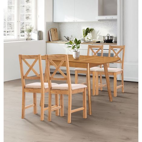 Hallowood Furniture Aston Extending Dining Table and Chairs Set 4, Light Oak Butterfly Wooden Kitchen Chairs Set of 4 in Cross Back and Beige Seat Pads, Dining Room Sets for Home or Cafe (1/5)