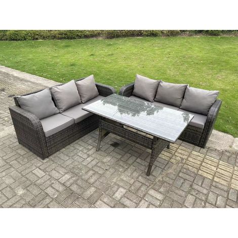 Fimous Dark Grey PE Wicker Rattan Garden Furniture Set Lounge Sofa 3 Seater Sofa Set Outdoor Rectangular Dining Table 6 Seater