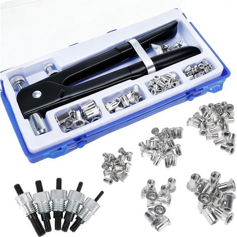 126pcs Pince à Insert Fileté, M3 M4 M5 M6 M8 Pince a Sertir Ecrou a Riveter et 5 Mandrins, Outil a Insert Fileté Ecrou a Sertir en Alu pour Métal Tuyau (Noir) (1/5)