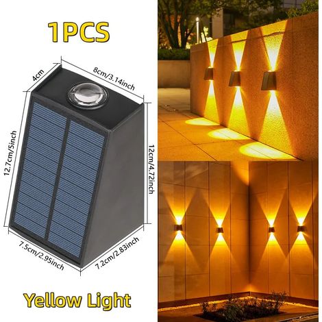 (1 lampe solaire LED jaune) Applique murale solaire étanche à 2 LED, éclairage extérieur pour jardin, balcon, villa, balcon ou rue. Éclairage vers le haut et vers le bas. (1/5)