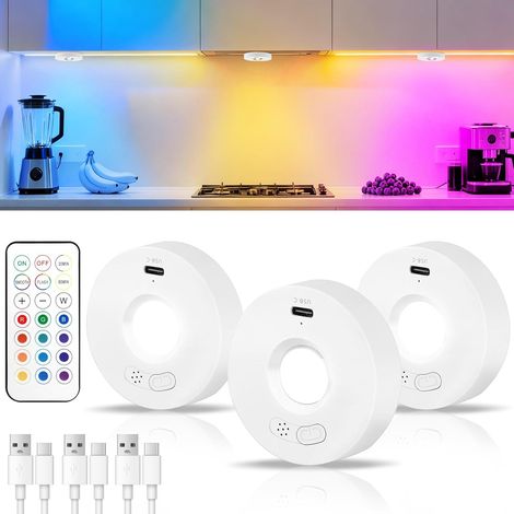 Rechargeable RGB LED Lights with Remote Control, 3 Pack Puck Lights, Under Cabinet Lights, Kitchen Under Cabinet Light, with Sync Function, Wireless Stick On Lighting for Cabinet, Showcase (1/5)