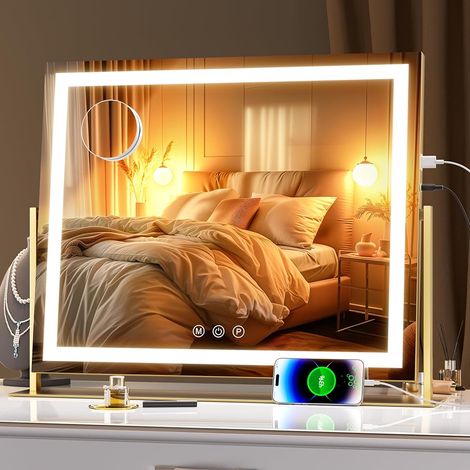 Hasipu Schminkspiegel mit Licht, Spiegel mit Beleuchtung, LED Kosmetikspiegel mit 10x Vergrößerung und USB-Ladeanschluss, 3 Farbtemperatur Licht, Smart Touch, 55 x 45 cm Gerade Gold