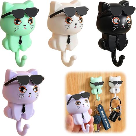 Paquete de 4 llaveros de gato con gafas de sol, ganchos adhesivos resistentes, colgador de llaves de pared para colgar llaves, bolsos, sombreros, toallas y bufandas. (1/5)