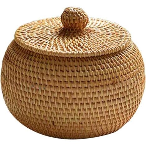 Aufbewahrungskorb aus Weide mit Deckel – Rattankorb – Kleine Weidenbox – Naturgeflochtenes Rattan für Schlafzimmer, Wohnzimmer, Büro, 15 x 12 cm (1/5)