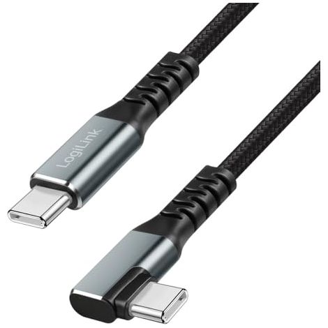 LogiLink Cable de conexión USB 3.2 Gen2 tipo C, conector USB-C de 90 ° a conector USN-C, transferencia de datos de 10 Gbps, 100 W (PD3) y chipset E-mark, resolución de vídeo 4K/60 Hz, revestimiento de