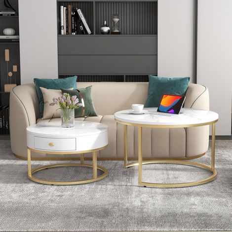 DESMIU Table basse gigogne ronde avec 2 tables, effet marbre, plateau brillant, pour salon, blanc (1/5)