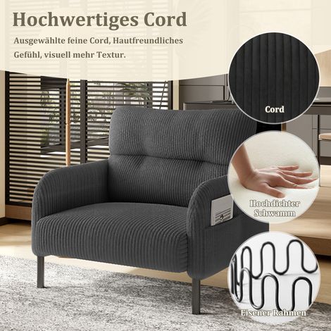Fauteuil velours confortable siège profond,accoudoirs avec poches latérales,structure solide pour salon,chambre et bureau. (1/5)