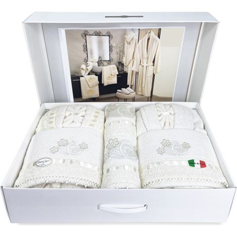 COMPLETO bagno CAORI Accappatoi IN SPUGNA ricamato CON PIZZO MACRAMÈ 8 Pezzi IDEA SPOSA Taglia 48-52