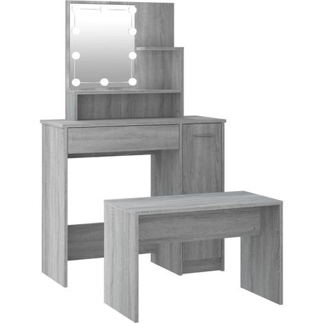 Ensemble de coiffeuse + tabouret avec LED - Table console avec tabouret Sonoma gris Bois d'ingénierie BV630504 - BonneVie (1/5)