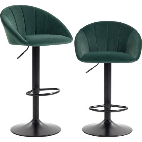 HOMCOM Bar Stools Set of 2 Velvet Adjustable Swivel Dark Green (1/5)