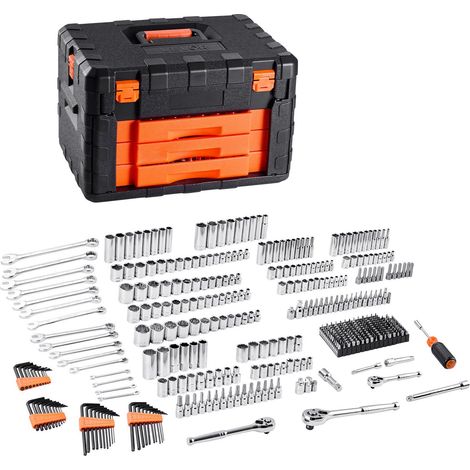 Coffret outils mécanicien 450 pièces avec douilles profondes et standard 6,4 9,5 12,7 mm kit complet clés accessoires rangement orange (1/5)