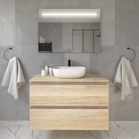 Meuble de salle de bain avec vasque à poser arrondie BALEA et miroir Led STAM - 70cm (1/5)