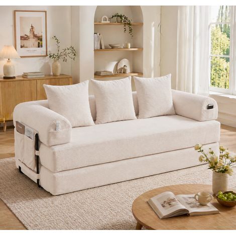 Modulares 2-Sitzer Sofa mit Freier Anordnung, Seitentasche und 3 Kissen, Cord Beige (1/5)