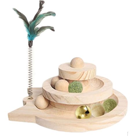 Jouet pour Chat en Bois à 2 Niveaux avec Balle et Piste Jouets à roulettes Interactifs avec 3 Types de Balles Jouet Chat pour Jeu D'intérieur Exercice Mental et Physique Amusant pour Chaton (1/5)