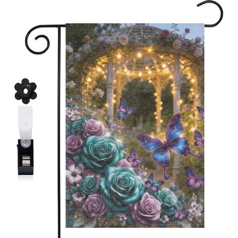 Drapeau de jardin style vintage et roses bicolores 30 x 45 cm décoration terrasse et extérieur (1/5)