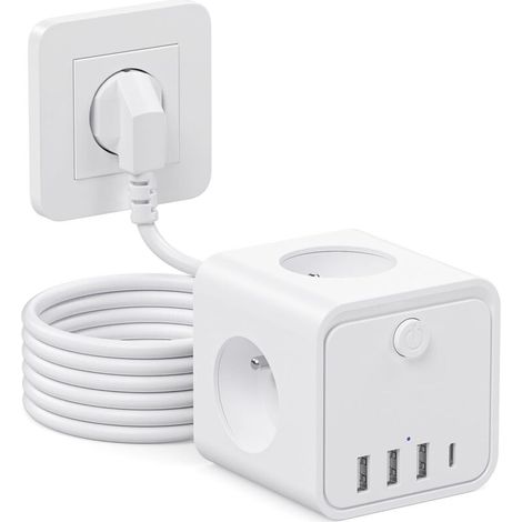 7 en 1 Multiprise USB Multiple 3 Prises Multiple avec 1 Type C et 3 Ports USB, 1.5m Cable Multiprise avec Interrupteur Parafoudre